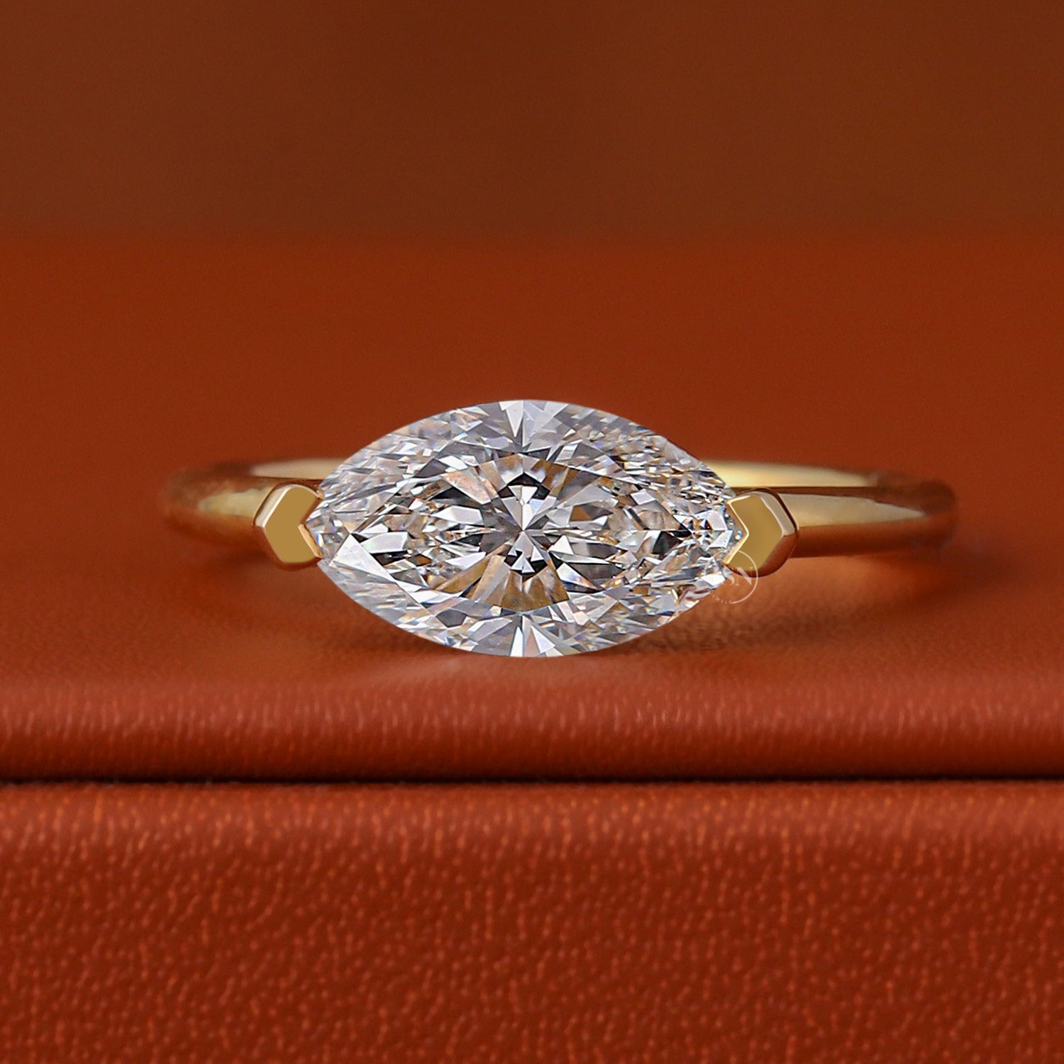 East West Marquise Lab Grown Diamond Engagement Ring: 18K Yellow Gold Solitaire