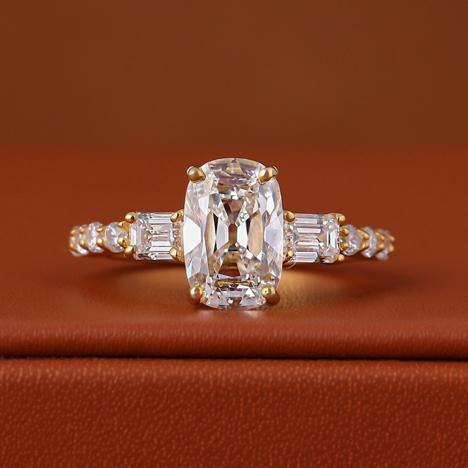 3 CT Cushion Old Mine Cut Diamond Ring Real Lab Grown Diamond Ring Lab Diamond Three Stone Anniversary Ring Vintage Style Pave Ring