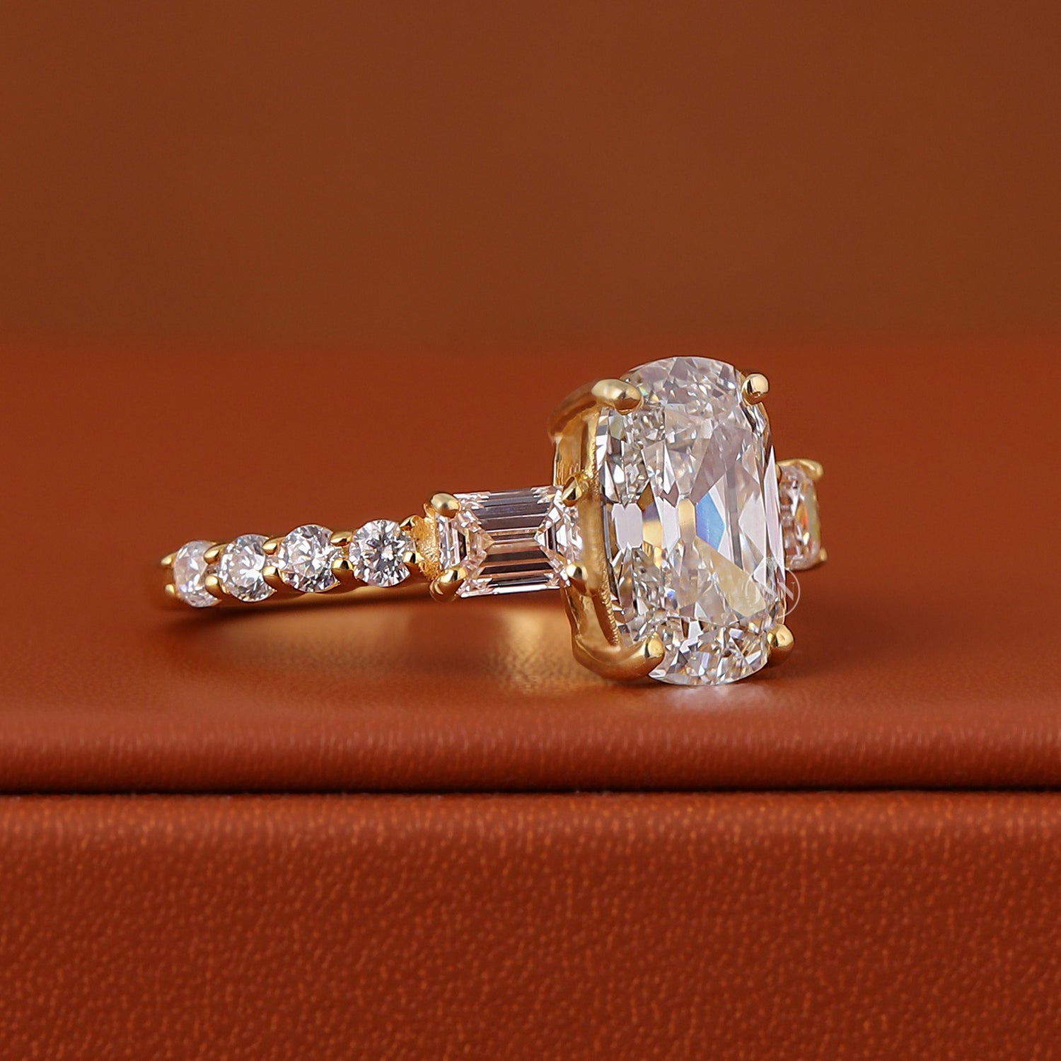 3 CT Cushion Old Mine Cut Diamond Ring Real Lab Grown Diamond Ring Lab Diamond Three Stone Anniversary Ring Vintage Style Pave Ring