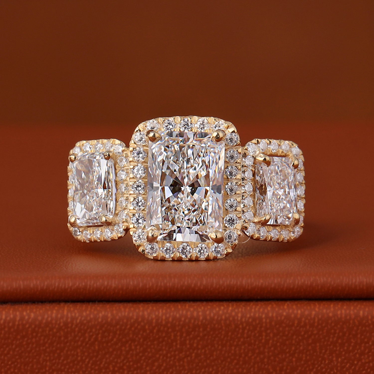 3 Carat Radiant Cut Lab diamond three stone setting ring E/F Color VVS2/VS1 Clarity IGI Certified Tiny Round stone in Halo Style