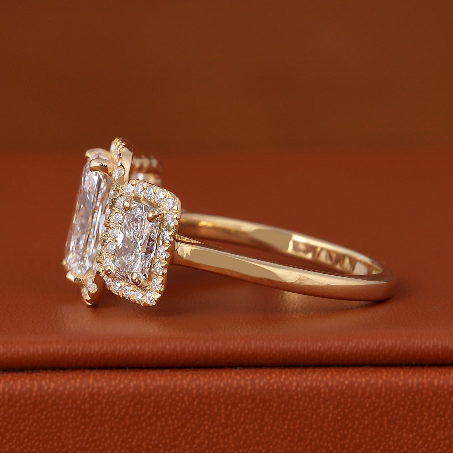 3 Carat Radiant Cut Lab diamond three stone setting ring E/F Color VVS2/VS1 Clarity IGI Certified Tiny Round stone in Halo Style