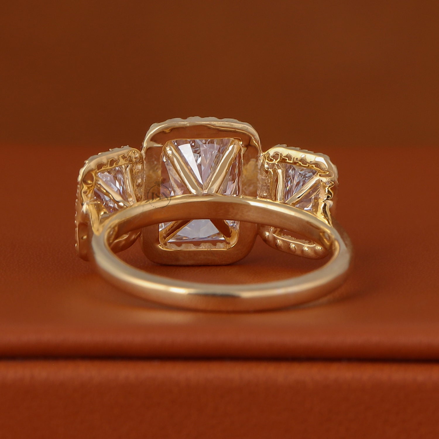 3 Carat Radiant Cut Lab diamond three stone setting ring E/F Color VVS2/VS1 Clarity IGI Certified Tiny Round stone in Halo Style