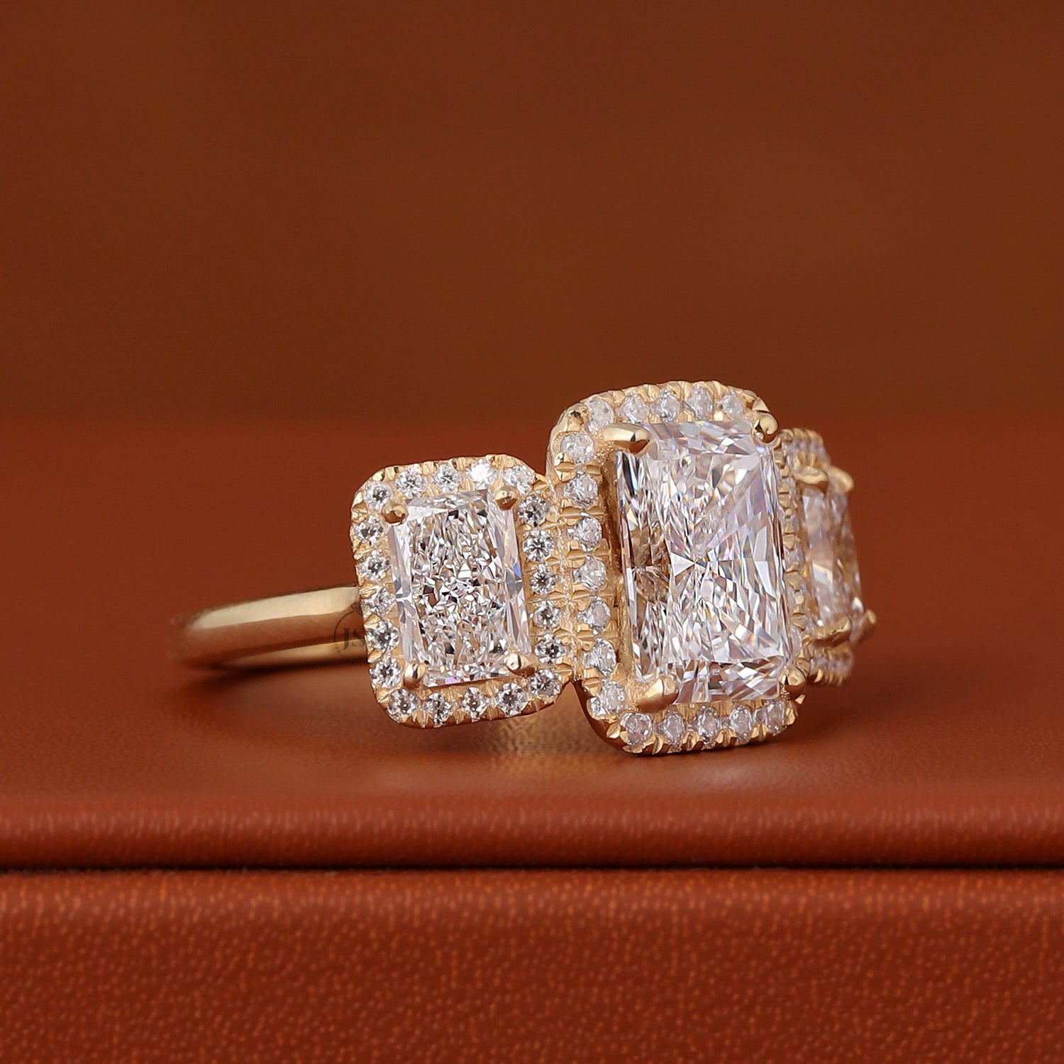 3 Carat Radiant Cut Lab diamond three stone setting ring E/F Color VVS2/VS1 Clarity IGI Certified Tiny Round stone in Halo Style