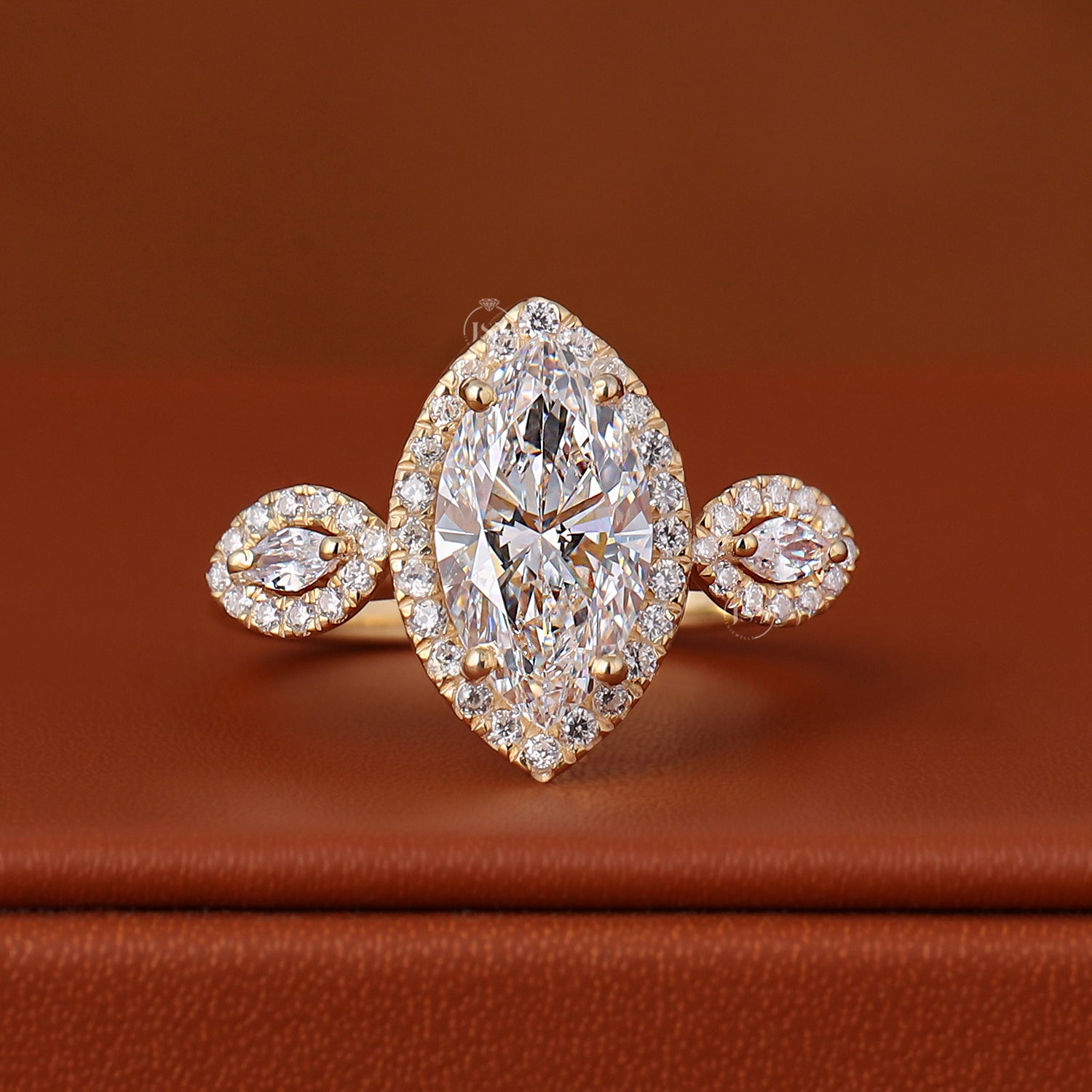 Marquise Cut Lab Diamond Trilogy Engagement Ring – Three Stone Halo Gold Ring