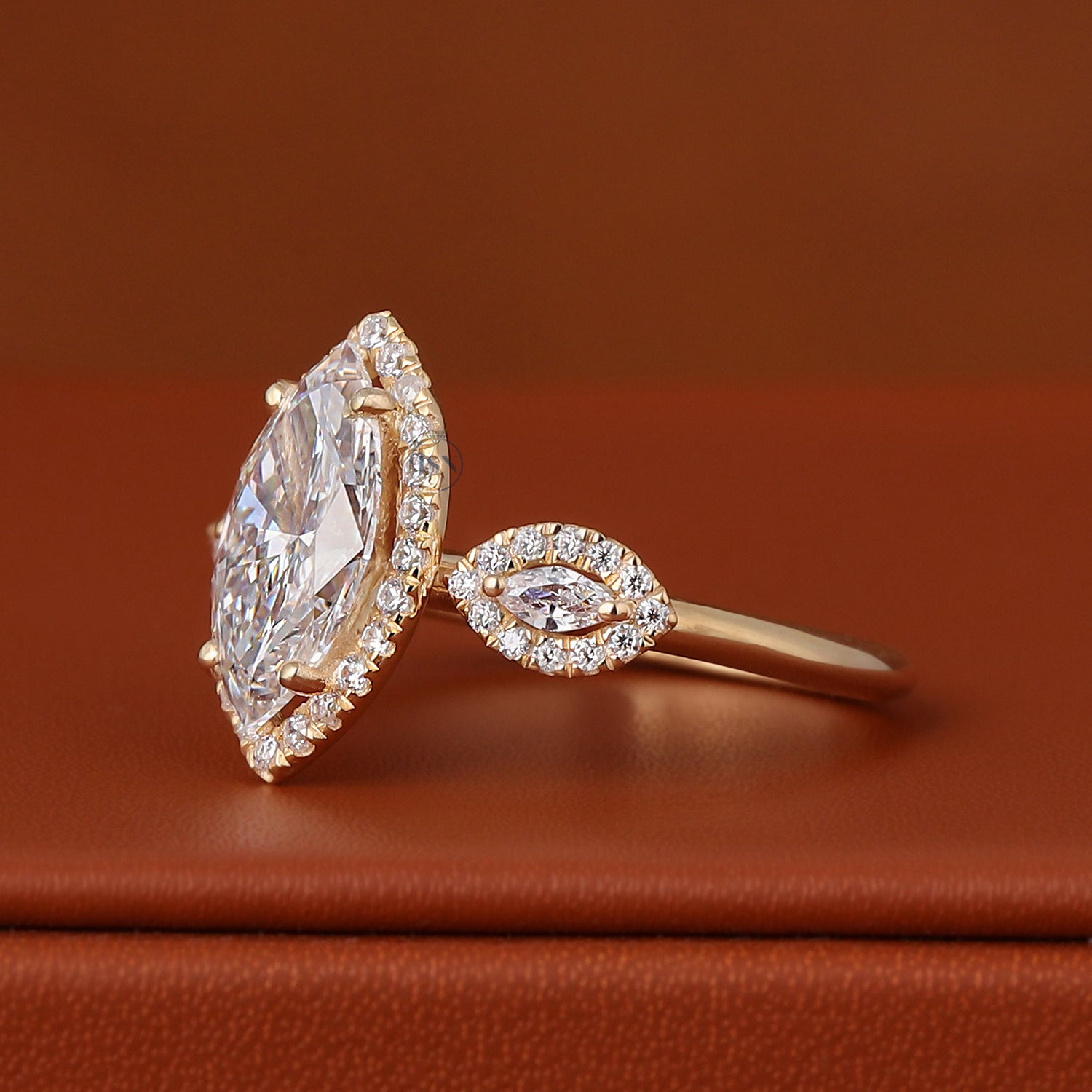 Marquise Cut Lab Diamond Trilogy Engagement Ring – Three Stone Halo Gold Ring