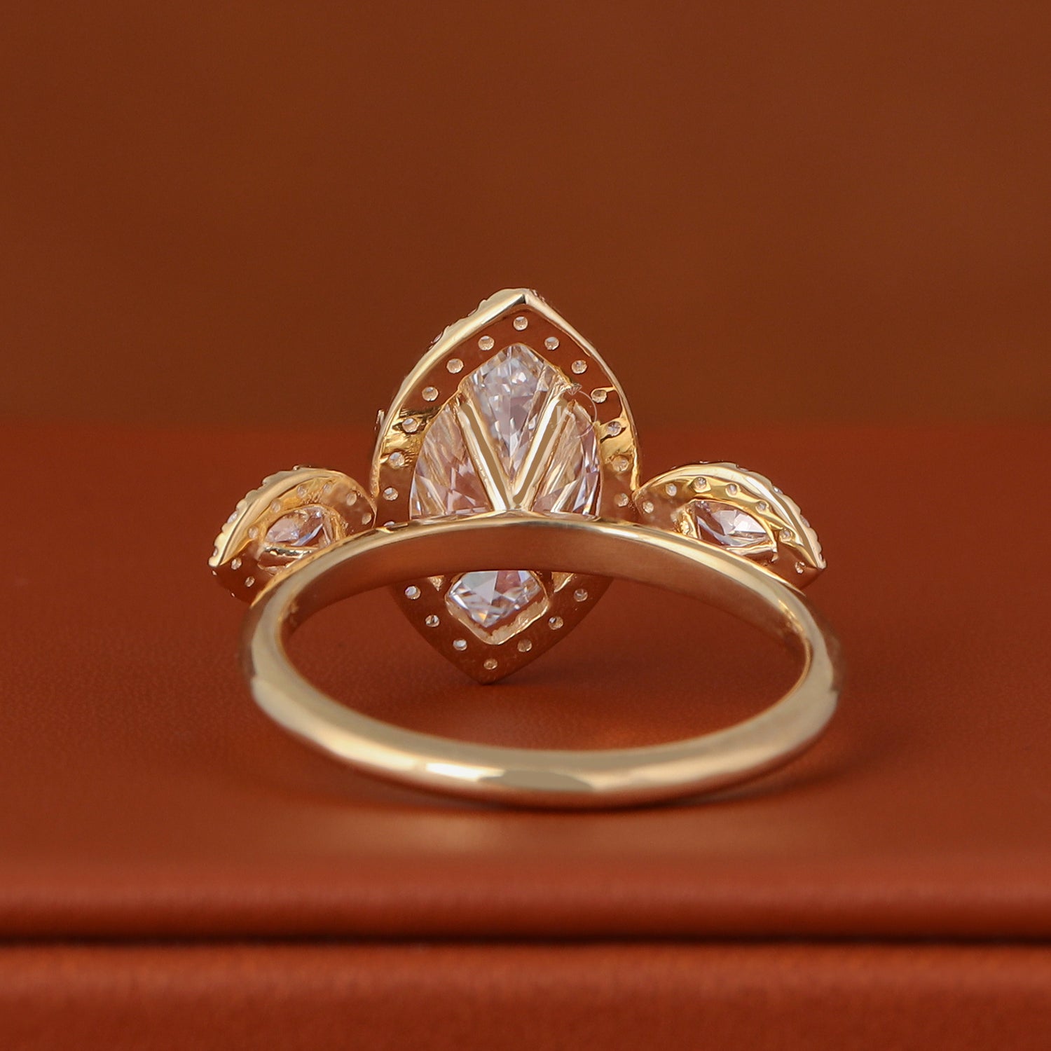 Marquise Cut Lab Diamond Trilogy Engagement Ring – Three Stone Halo Gold Ring