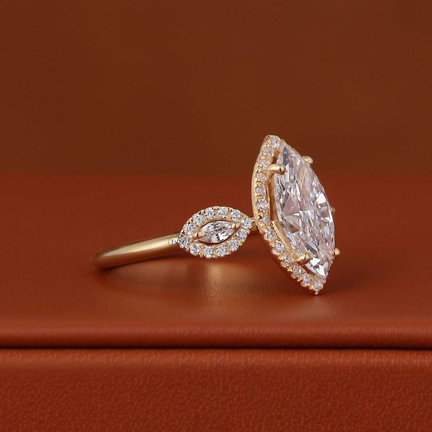 Marquise Cut Lab Diamond Trilogy Engagement Ring – Three Stone Halo Gold Ring