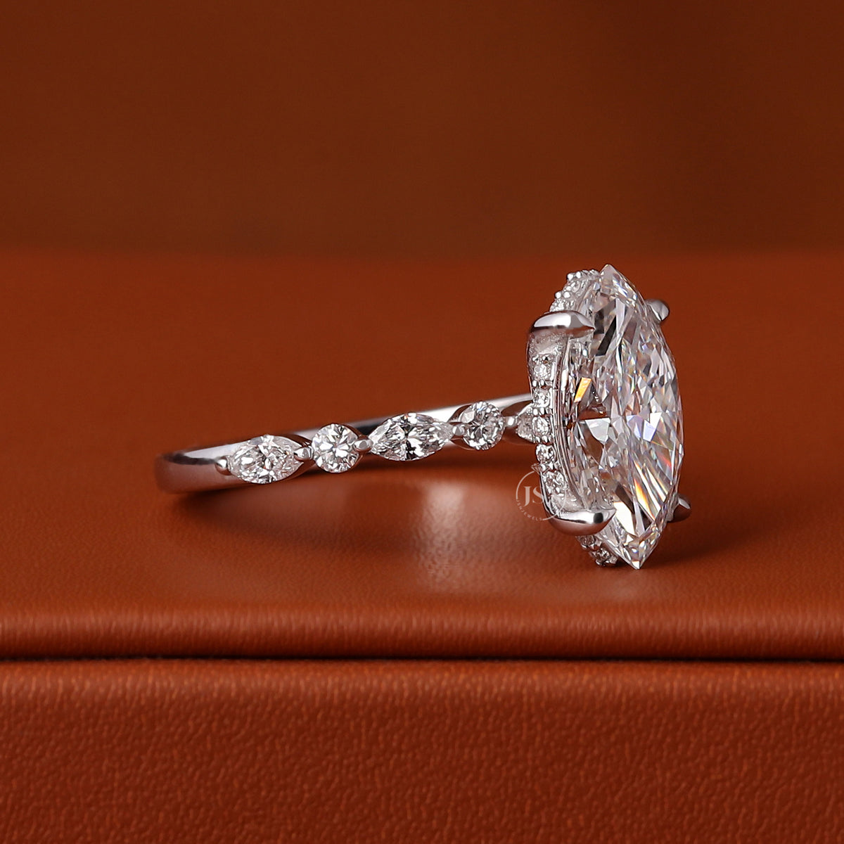 IGI Certified Marquise Cut Lab Grown Diamond Engagement Ring Hidden Halo Pave 14k Gold