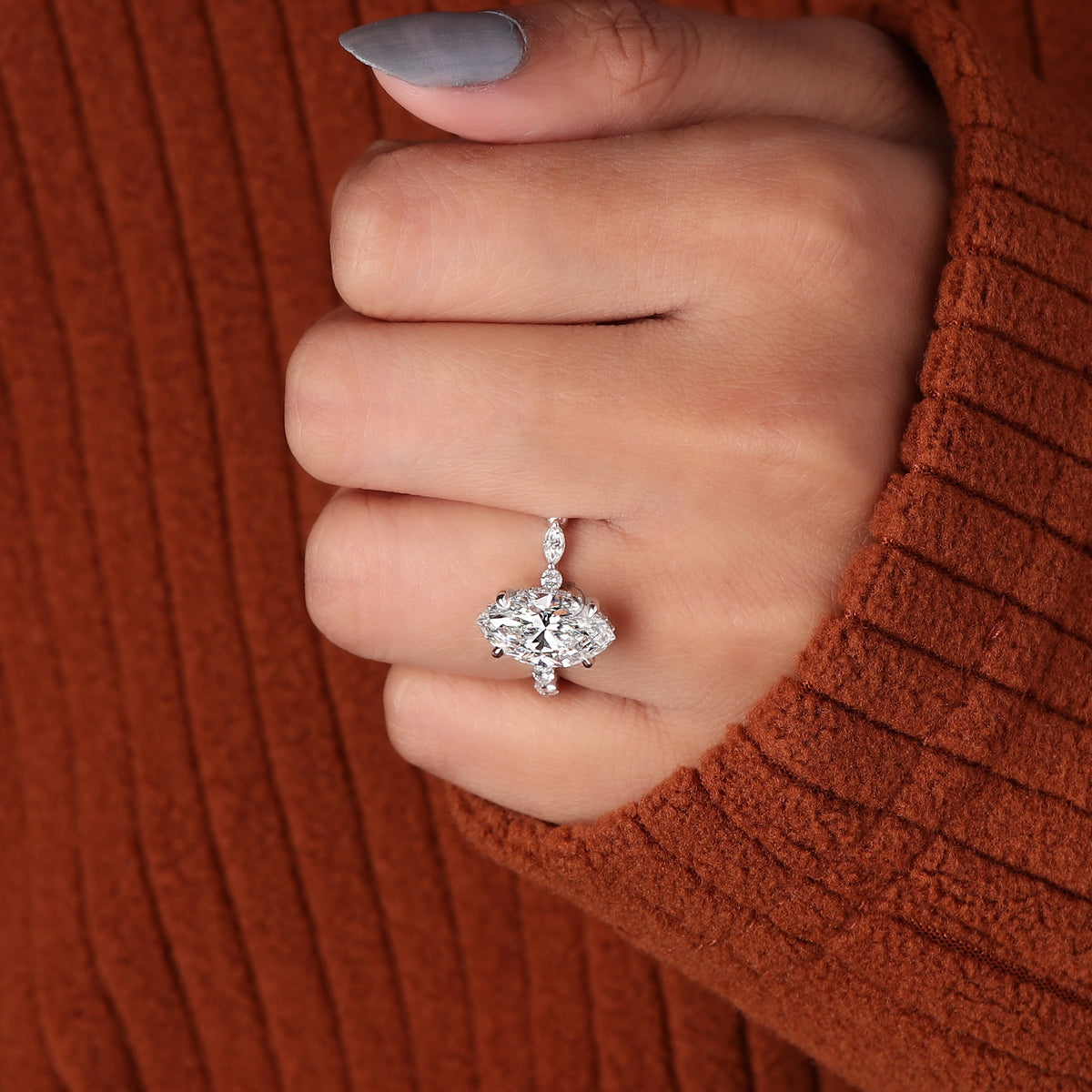 IGI Certified Marquise Cut Lab Grown Diamond Engagement Ring Hidden Halo Pave 14k Gold