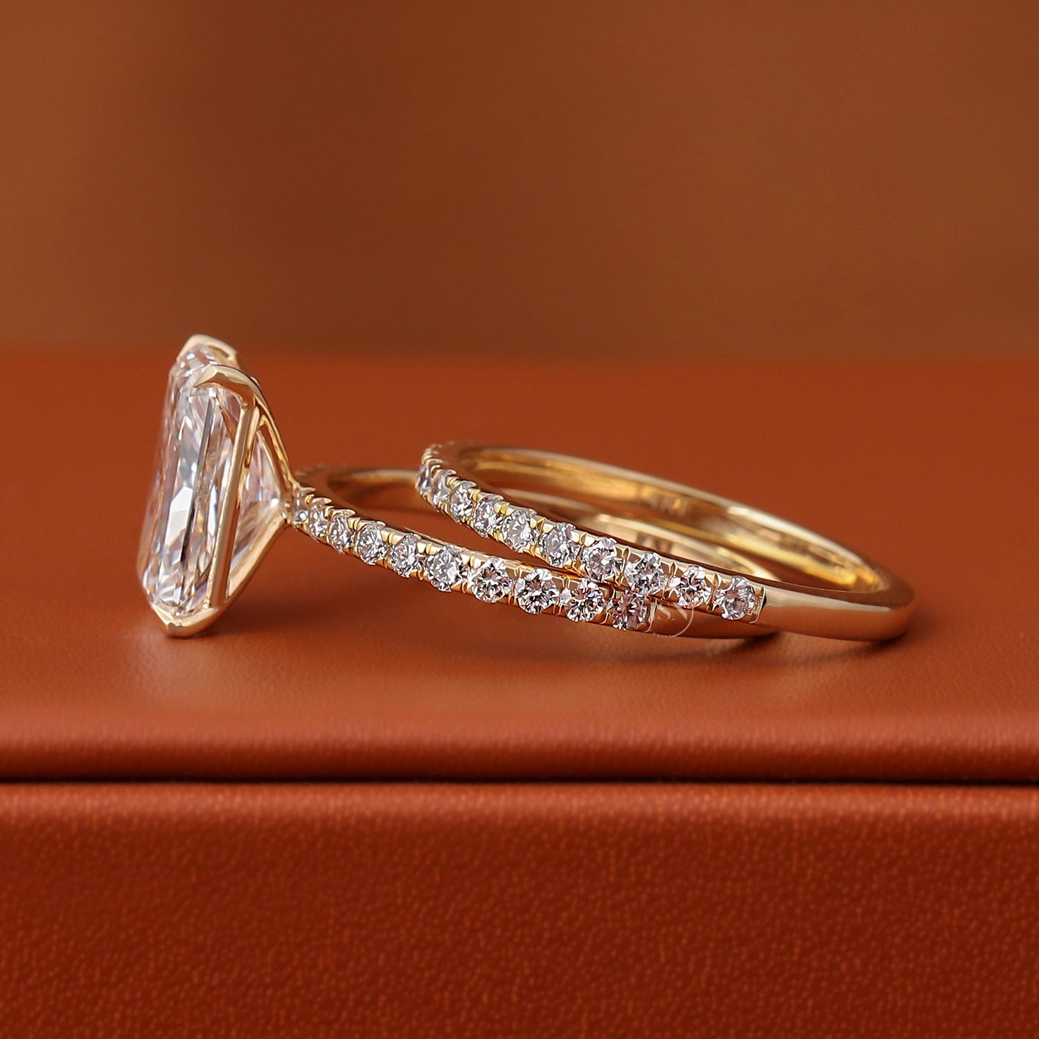 3 Carat Radiant Cut Lab Diamond Bezel Engagement Ring Set, Pave Band (IGI Certified)