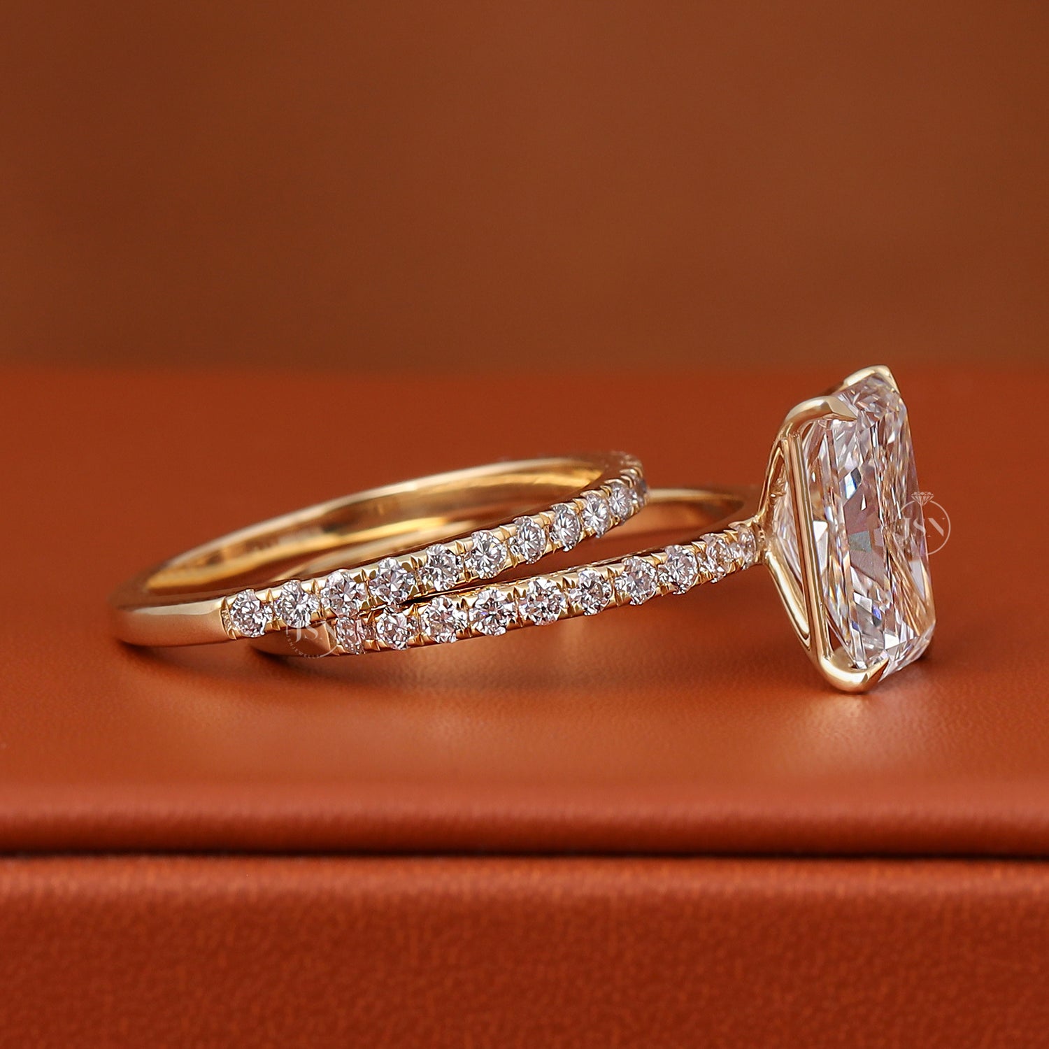 3 Carat Radiant Cut Lab Diamond Bezel Engagement Ring Set, Pave Band (IGI Certified)