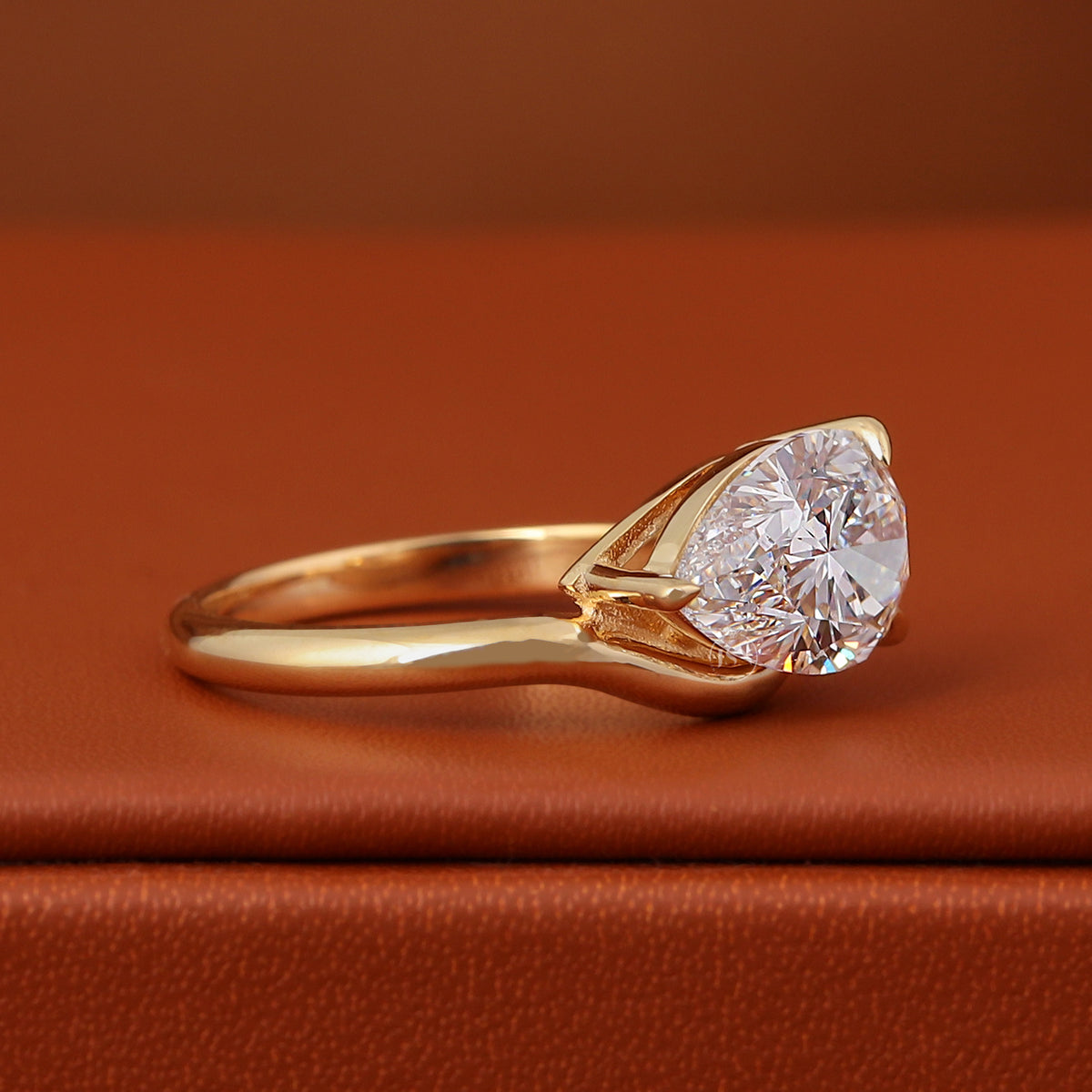 2 CT Pear Cut Lab Grown Diamond Ring, 14K Yellow Gold, Curved Solitaire Setting