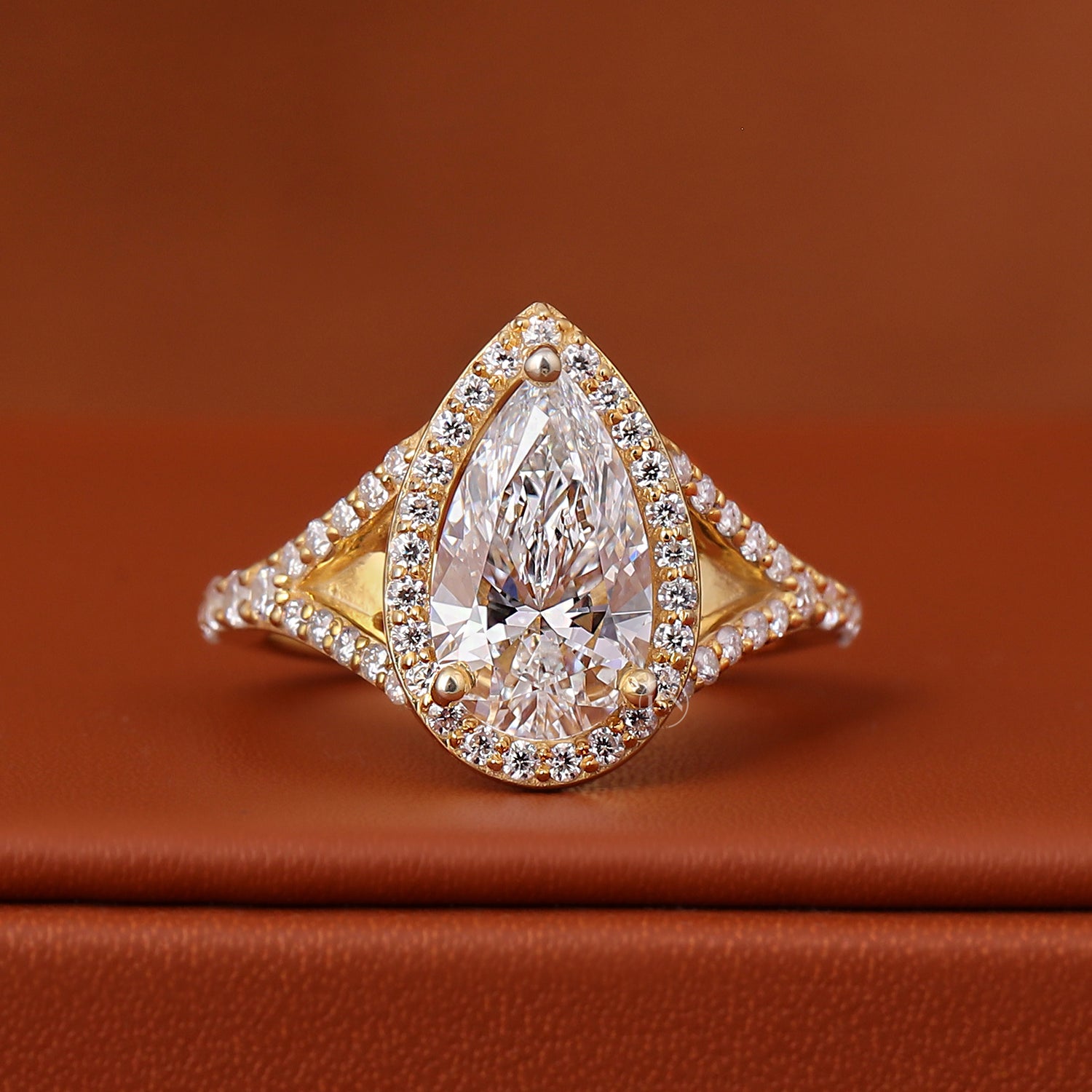 Pear Cut Lab Diamond Halo Pave Engagement Ring 14k Gold Split Shank IGI Certified