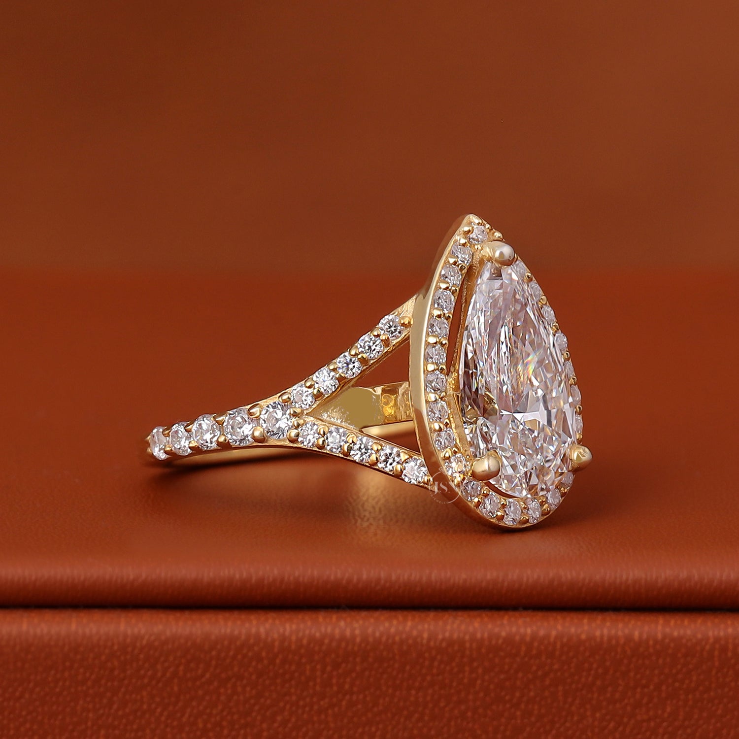 Pear Cut Lab Diamond Halo Pave Engagement Ring 14k Gold Split Shank IGI Certified