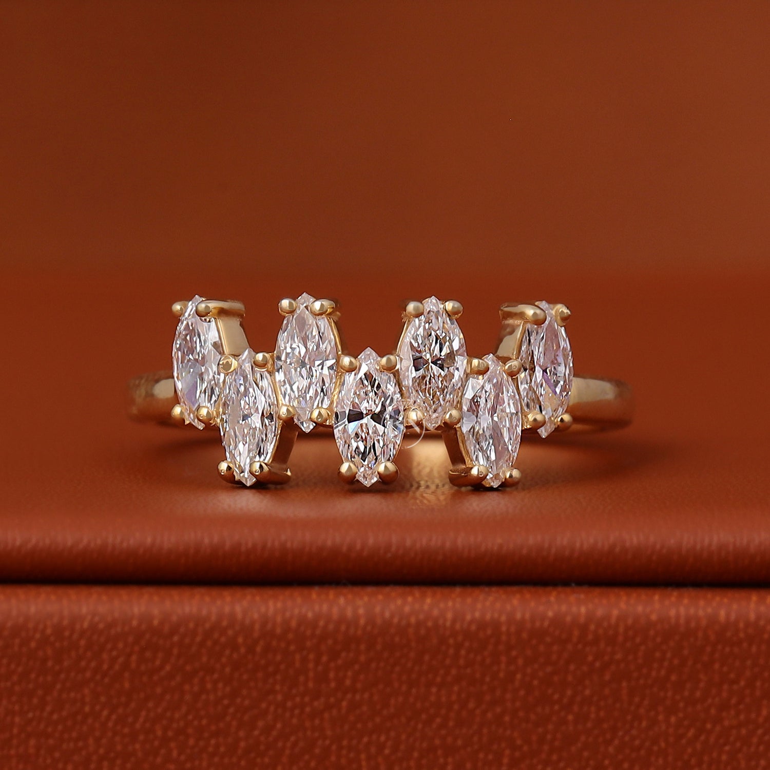 Marquise Cut Lab Grown Diamond 14k Solid Yellow Gold Cluster Prong Setting Anniversary Ring