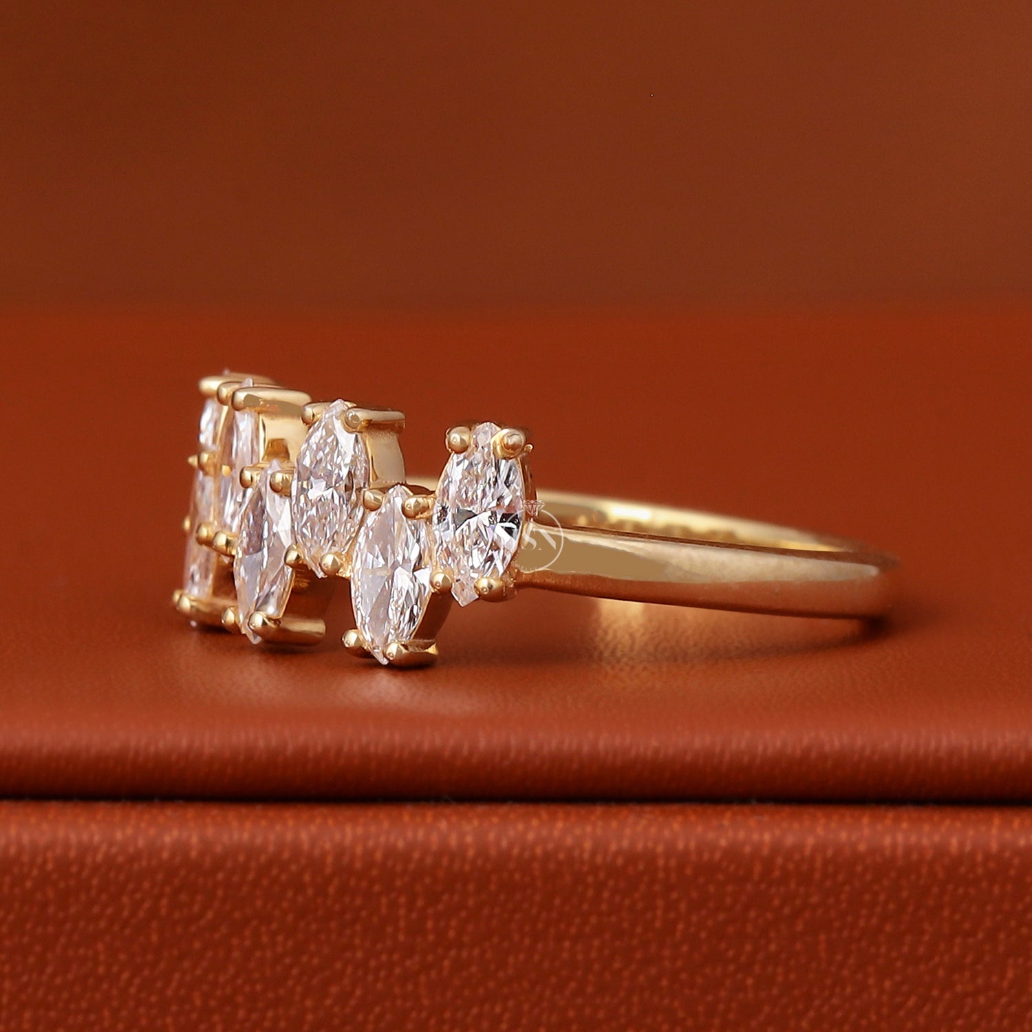 Marquise Cut Lab Grown Diamond 14k Solid Yellow Gold Cluster Prong Setting Anniversary Ring