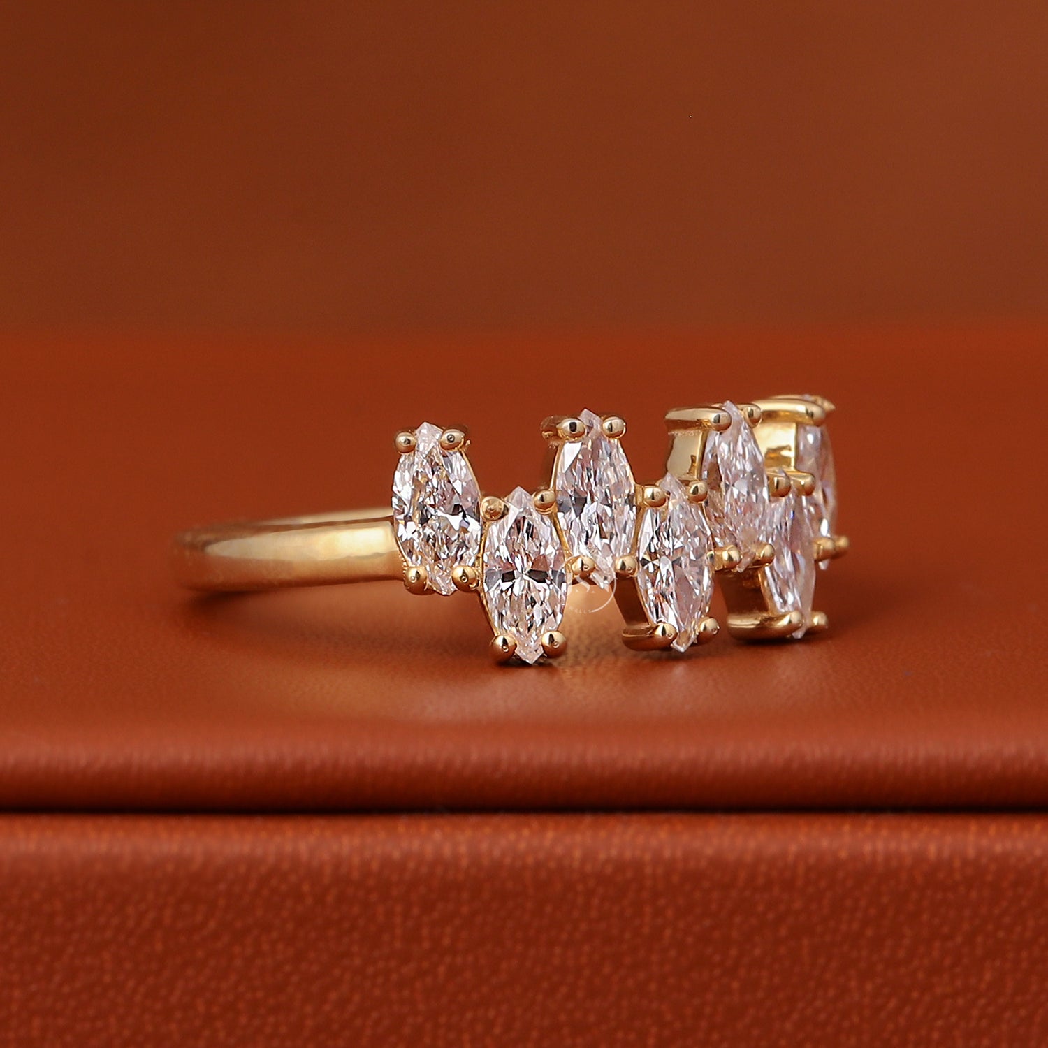 Marquise Cut Lab Grown Diamond 14k Solid Yellow Gold Cluster Prong Setting Anniversary Ring