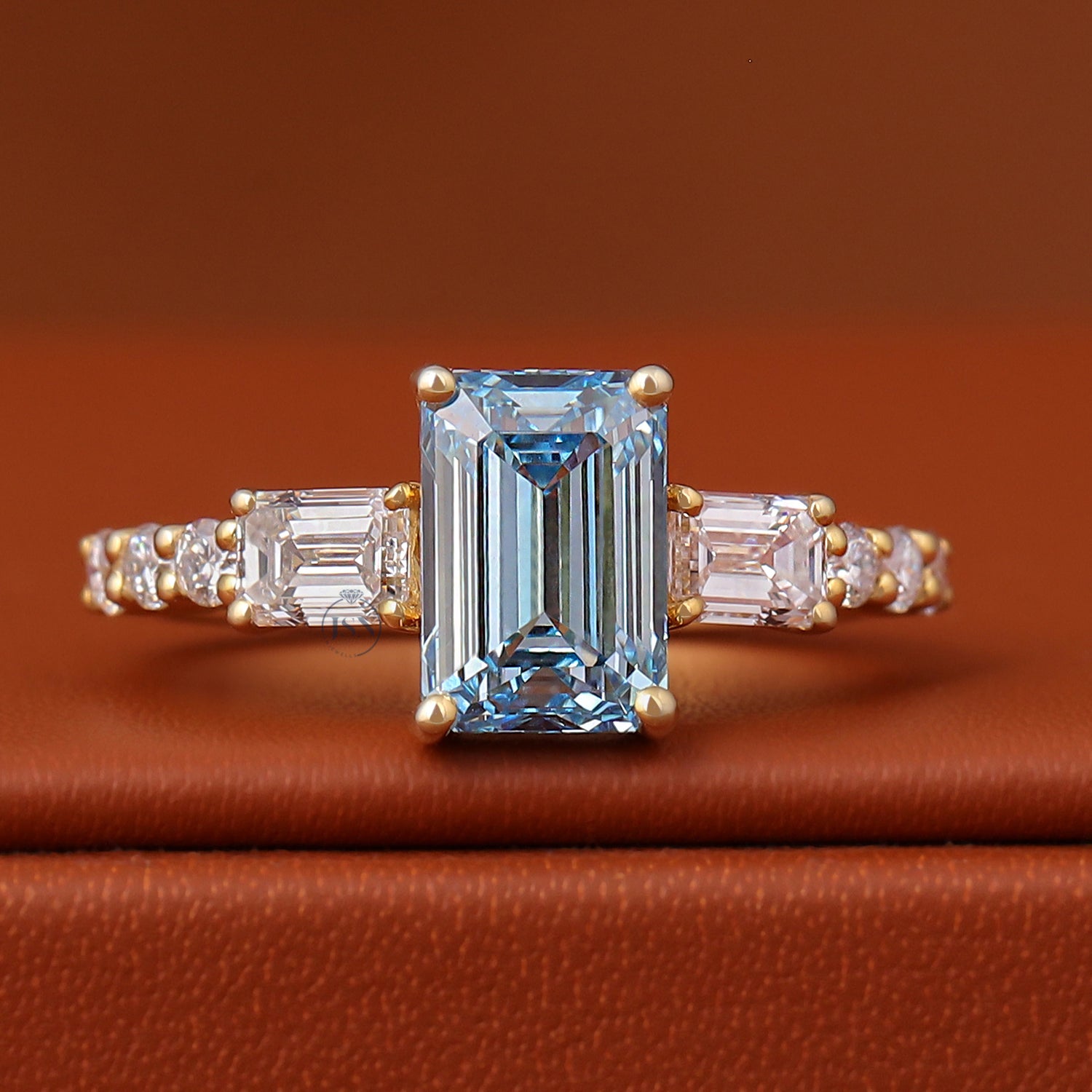3 Carat Emerald Cut Blue Lab Diamond Engagement Ring Three Stone Pave Band IGI Certified