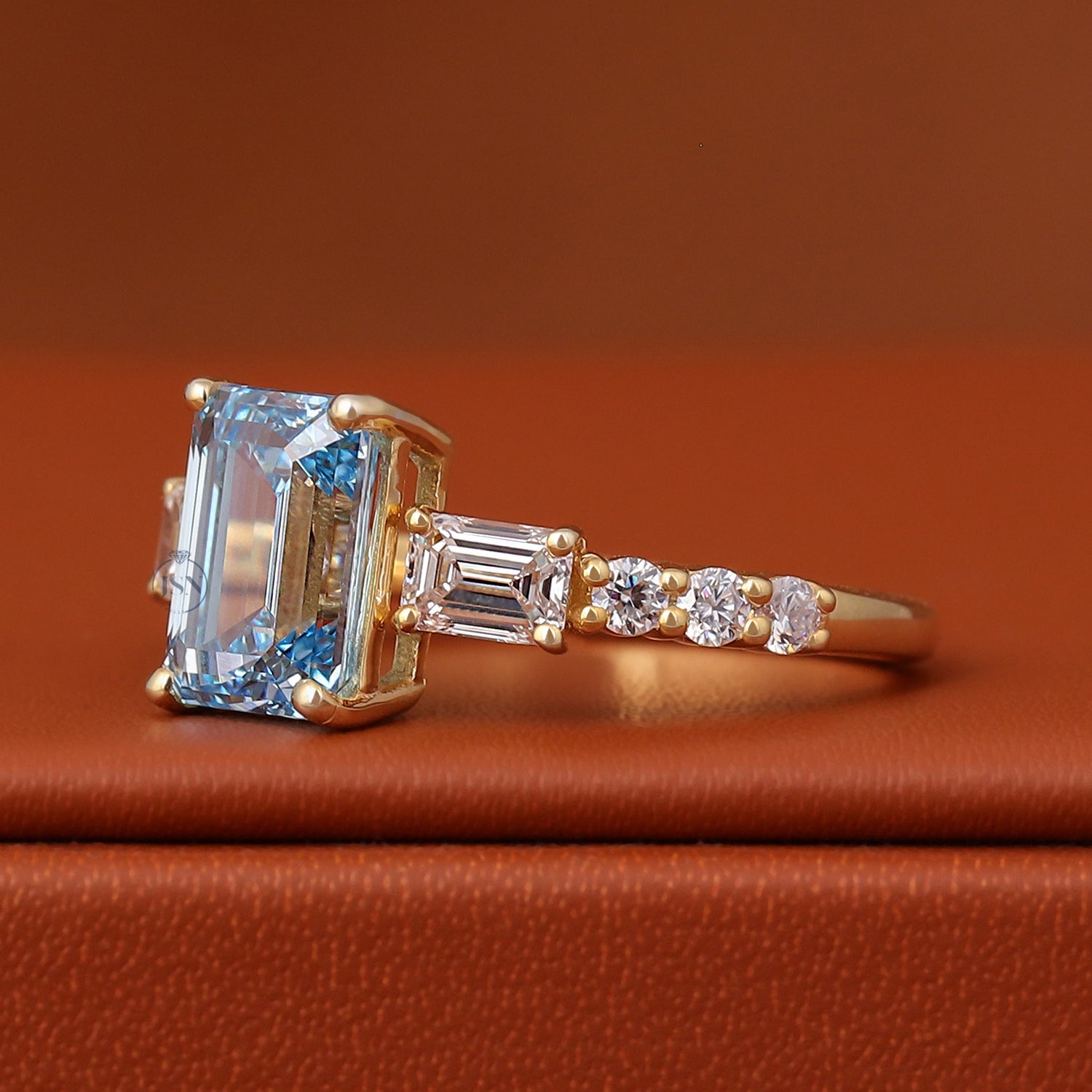 3 Carat Emerald Cut Blue Lab Diamond Engagement Ring Three Stone Pave Band IGI Certified