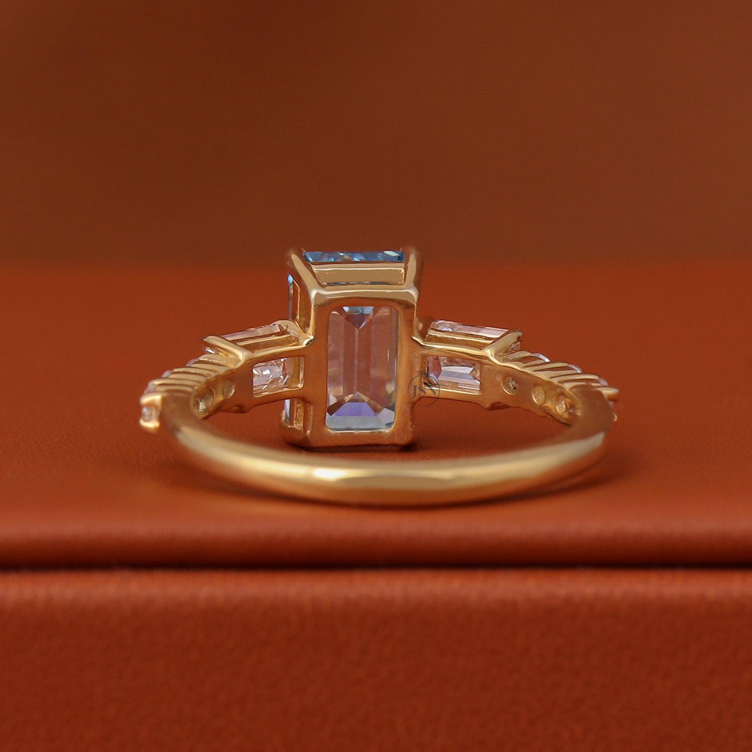 3 Carat Emerald Cut Blue Lab Diamond Engagement Ring Three Stone Pave Band IGI Certified