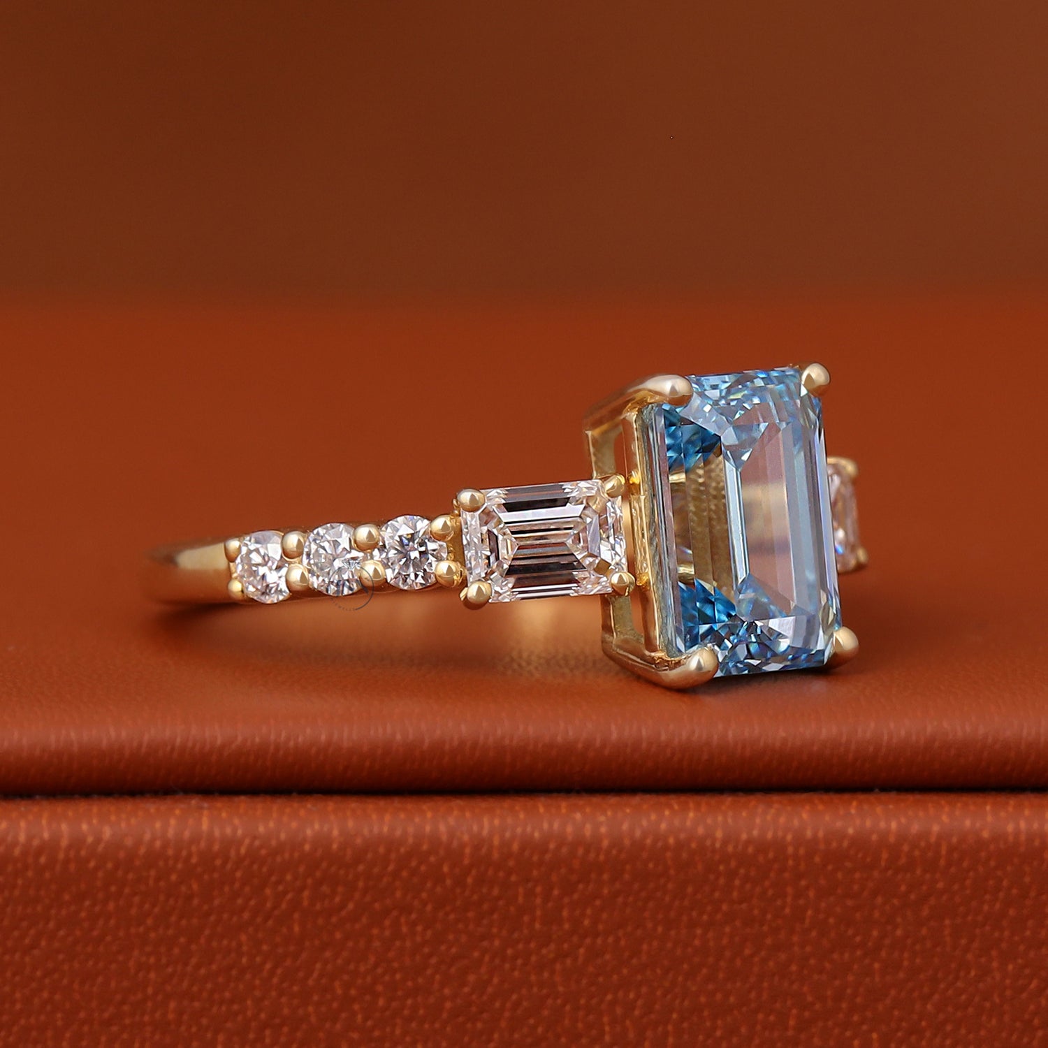 3 Carat Emerald Cut Blue Lab Diamond Engagement Ring Three Stone Pave Band IGI Certified