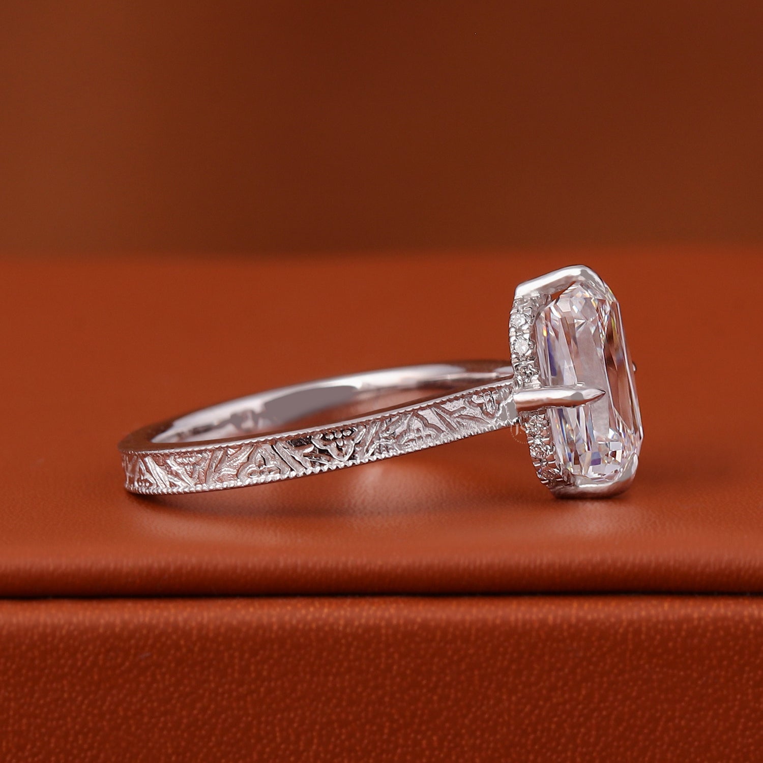 3 Carat Ashoka Cut Lab Diamond Solitaire Engagement Ring Vintage Hidden Halo (IGI Certified)