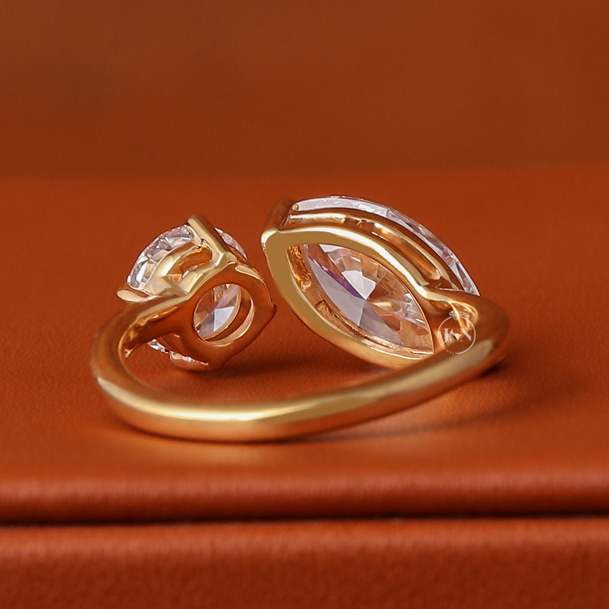 IGI Certified Marquise & Round Cut Lab Grown Two Stone Diamond Engagement Ring 14k Gold