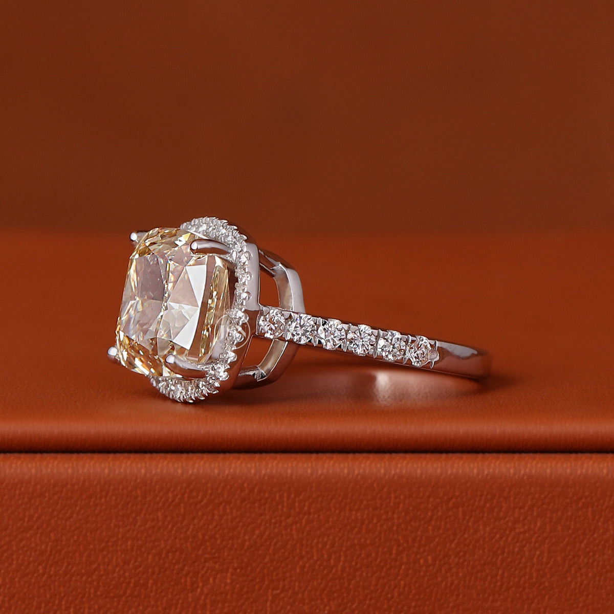 1, 2, 3, 4, 5 CT Cushion Cut Lab Grown Yellow Diamond Engagement Ring Halo Pave 14k Gold