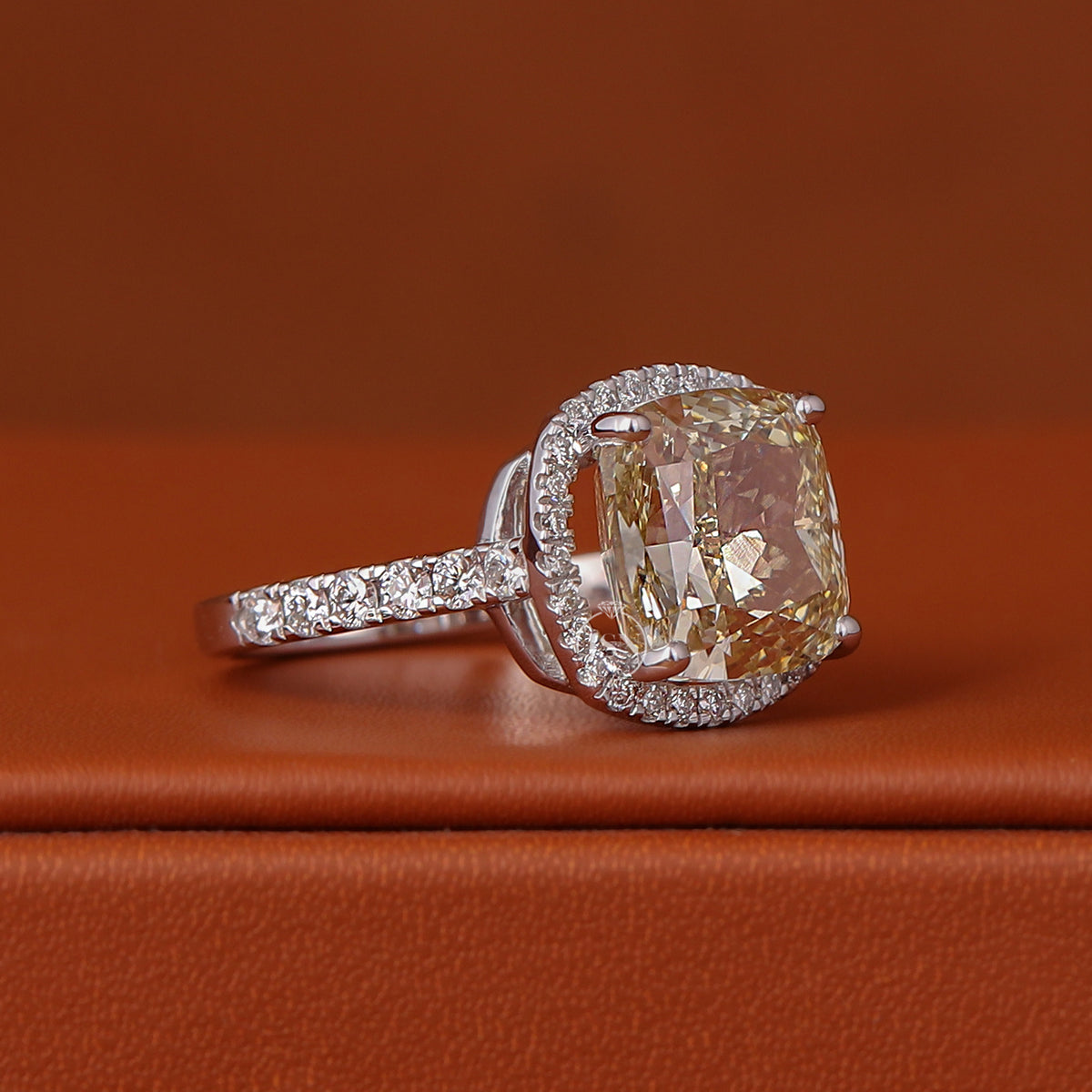 1, 2, 3, 4, 5 CT Cushion Cut Lab Grown Yellow Diamond Engagement Ring Halo Pave 14k Gold