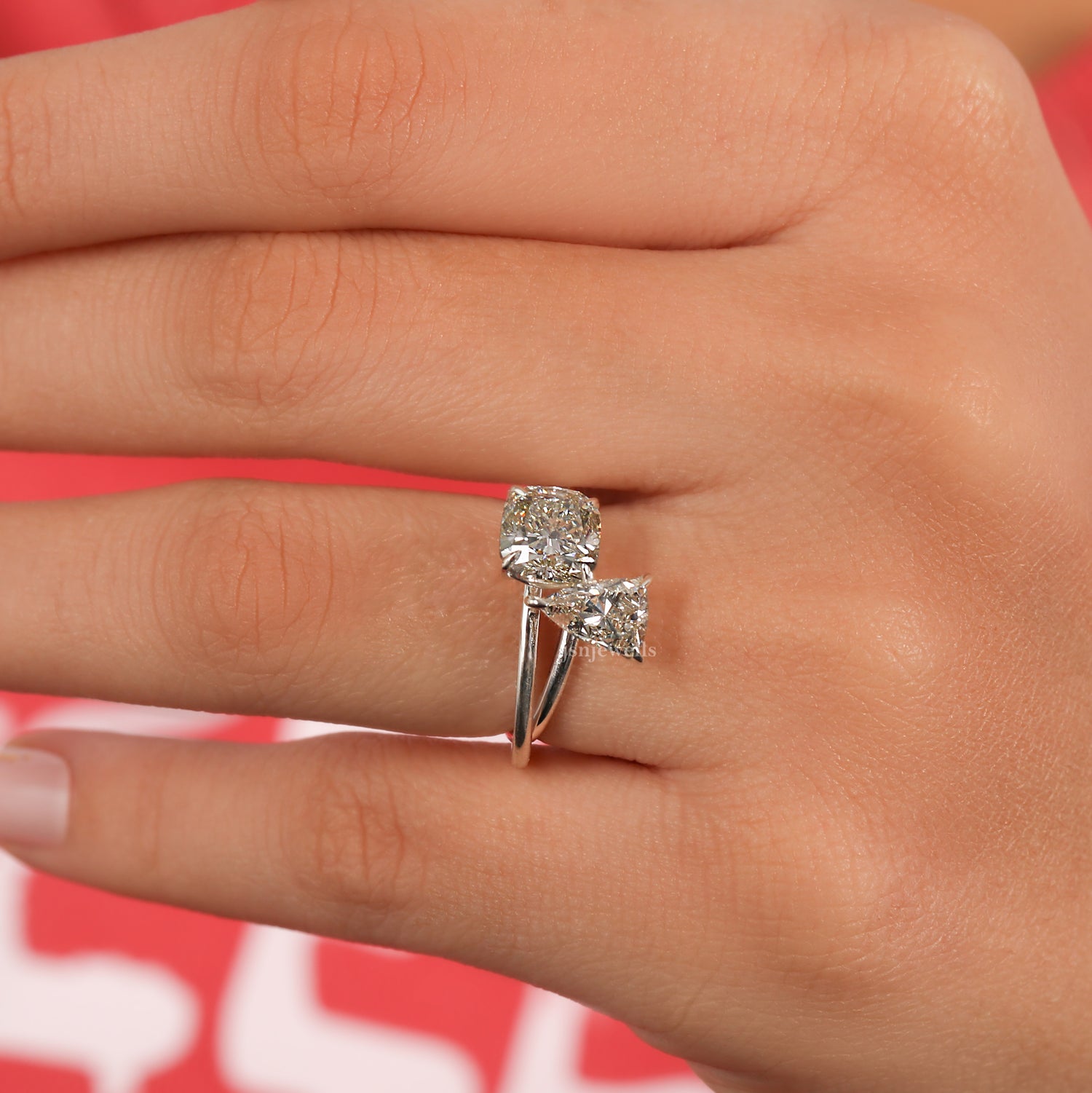 Pink Cushion & Trillion Cut Lab Grown Diamond Bypass Toi et Moi Engagement Ring