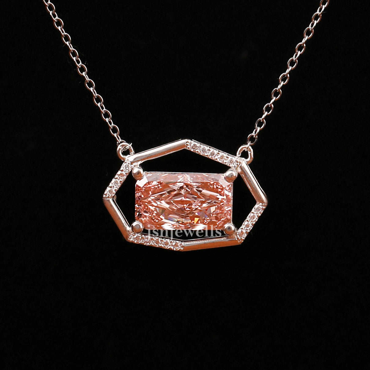 Pink Radiant Cut Lab Grown Diamond Dainty Halo Pendant Necklace