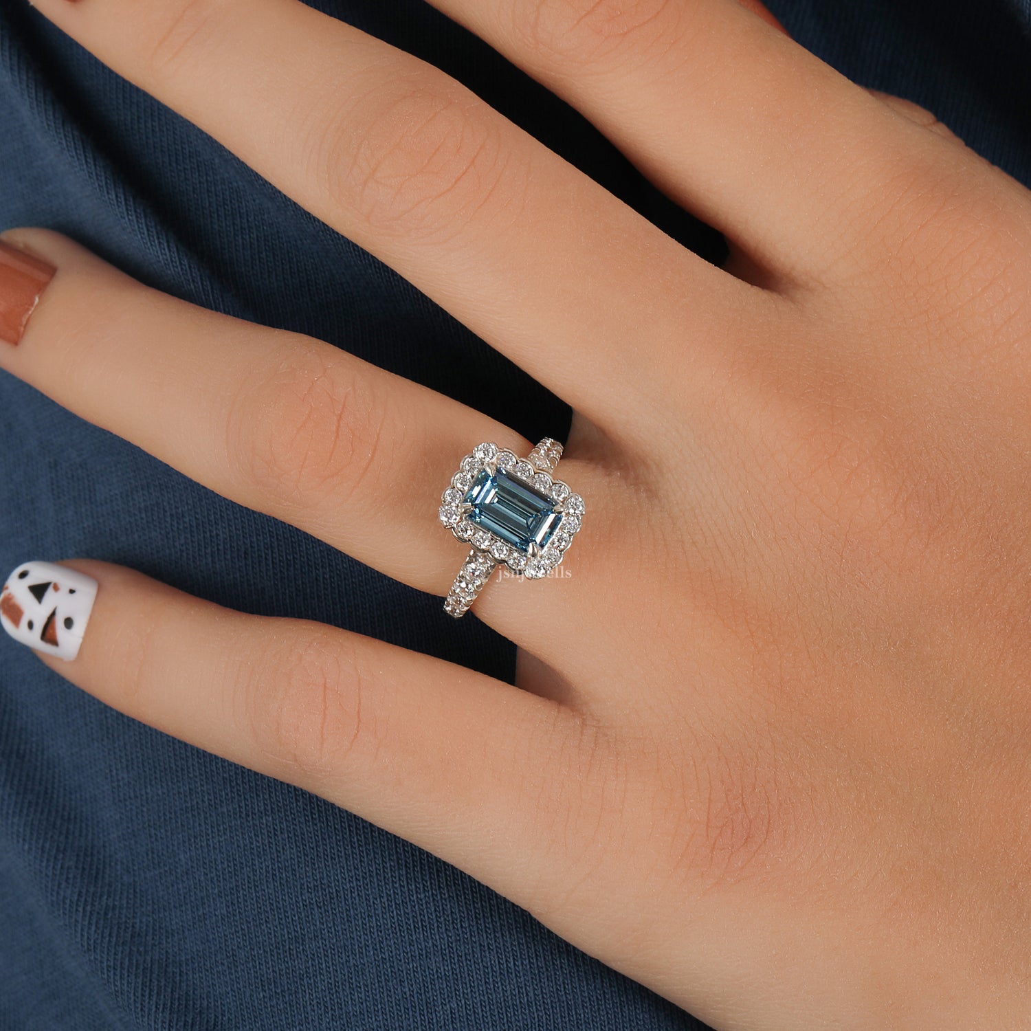 Blue Emerald Cut Lab Grown Diamond Halo with Pave Engagement Ring
