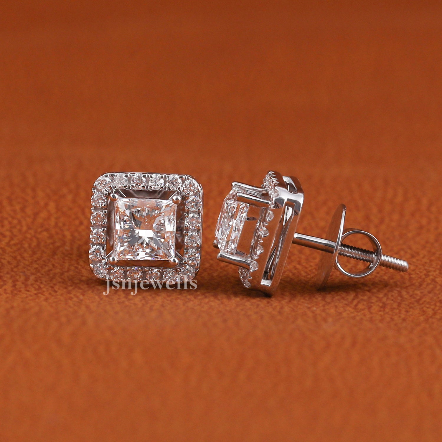 Princess Cut Lab Grown Diamond Halo Stud Earrings